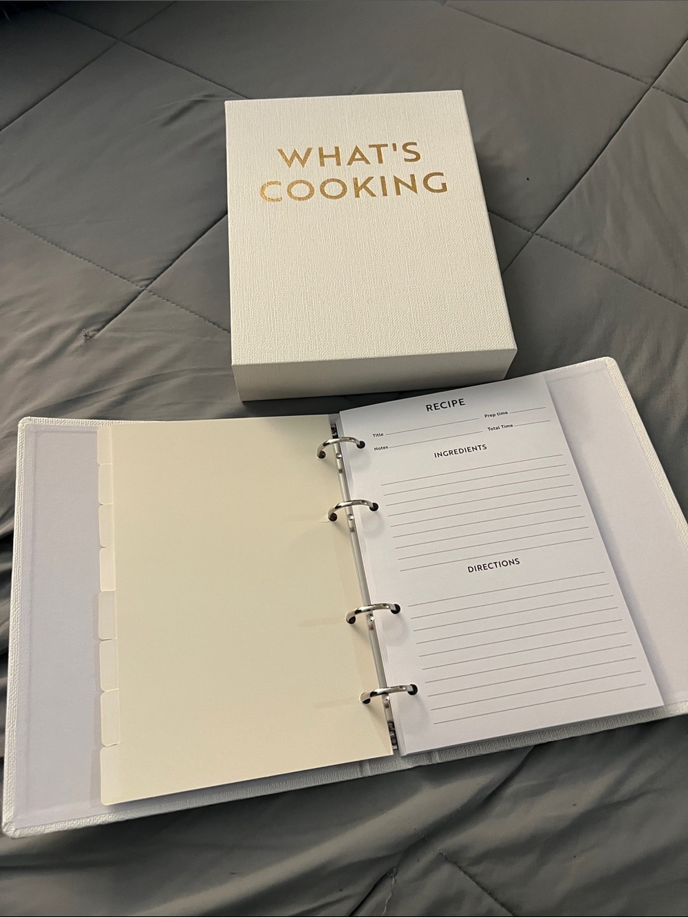 What's Cooking White Recipe Binder with Gold Lettering